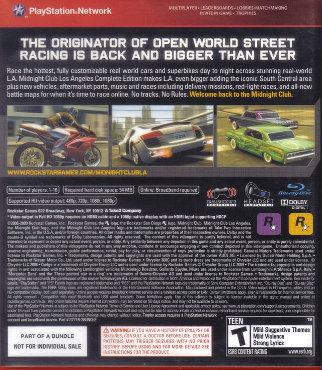 Midnight Club: Los Angeles Complete Edition (Greatest Hits) - (PS3) PlayStation 3 [Pre-Owned] Video Games Rockstar Games   