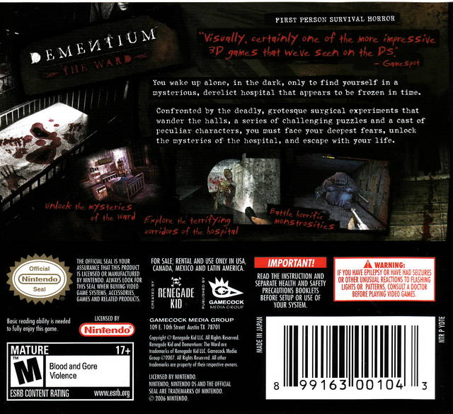 Dementium: The Ward - (NDS) Nintendo DS [Pre-Owned] Video Games Gamecock Media Group   