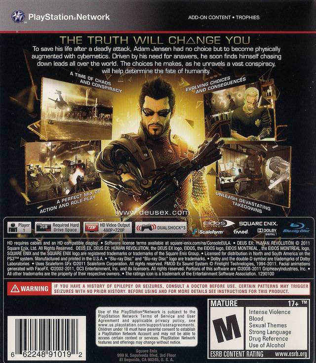 Deus Ex: Human Revolution - (PS3) PlayStation 3 [Pre-Owned] Video Games Square Enix   